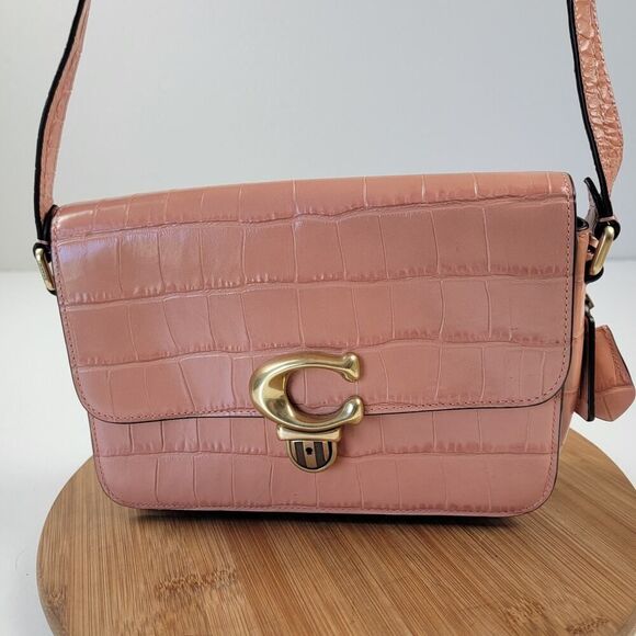 Coach Studio Shoulder Bag Brass Coral Croc Embossed Leather Purse Crossbody - Picture 1 of 16